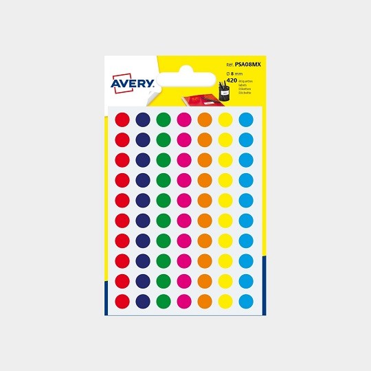 Avery PSA08MX etiquettes pastilles rondes, diamètre 8 mm, blister de 420  pièces, couleurs assorties