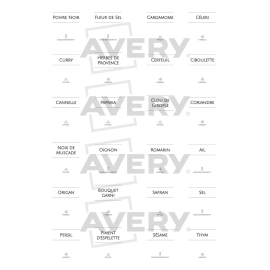AVERY - Pochette de 48 Étiquettes pour Bocaux à Épices Prêtes à L'Emploi,  Minimalistes, Format Rectangulaire 3,7cm x 4,5cm